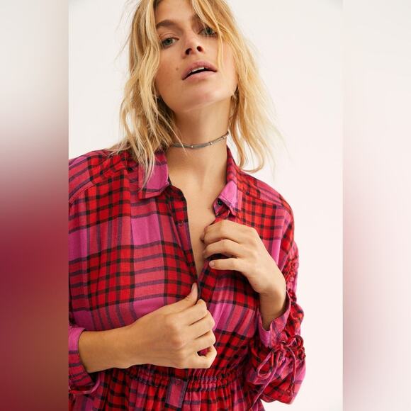 Free People Pacific Dawn Red Pink Drawstring Plaid Shirt Medium - Picture 7 of 14
